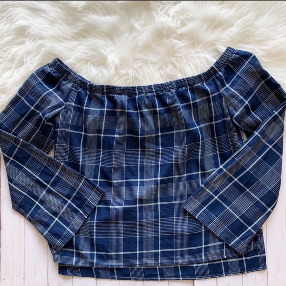 Cloth & Stone Blue Plaid Off the Shoulder Top